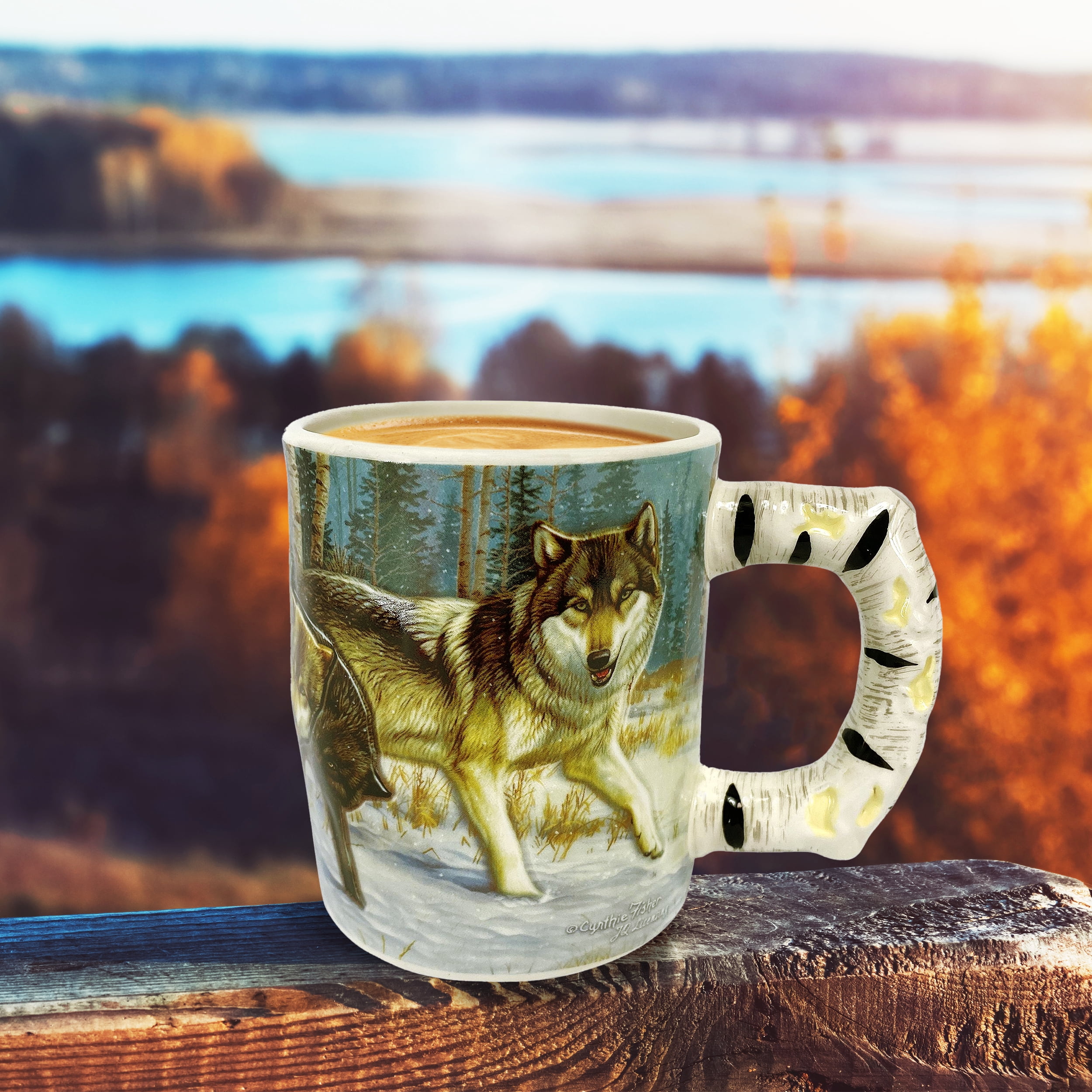Rivers Edge Products Wolf 3D Ceramic Coffee Mug with Handle, 15 Ounces, Espresso Cups and Coffee Cups Ceramic, Perfect for Coffee, Expresso, Latte, or Tea, Wolf Scene