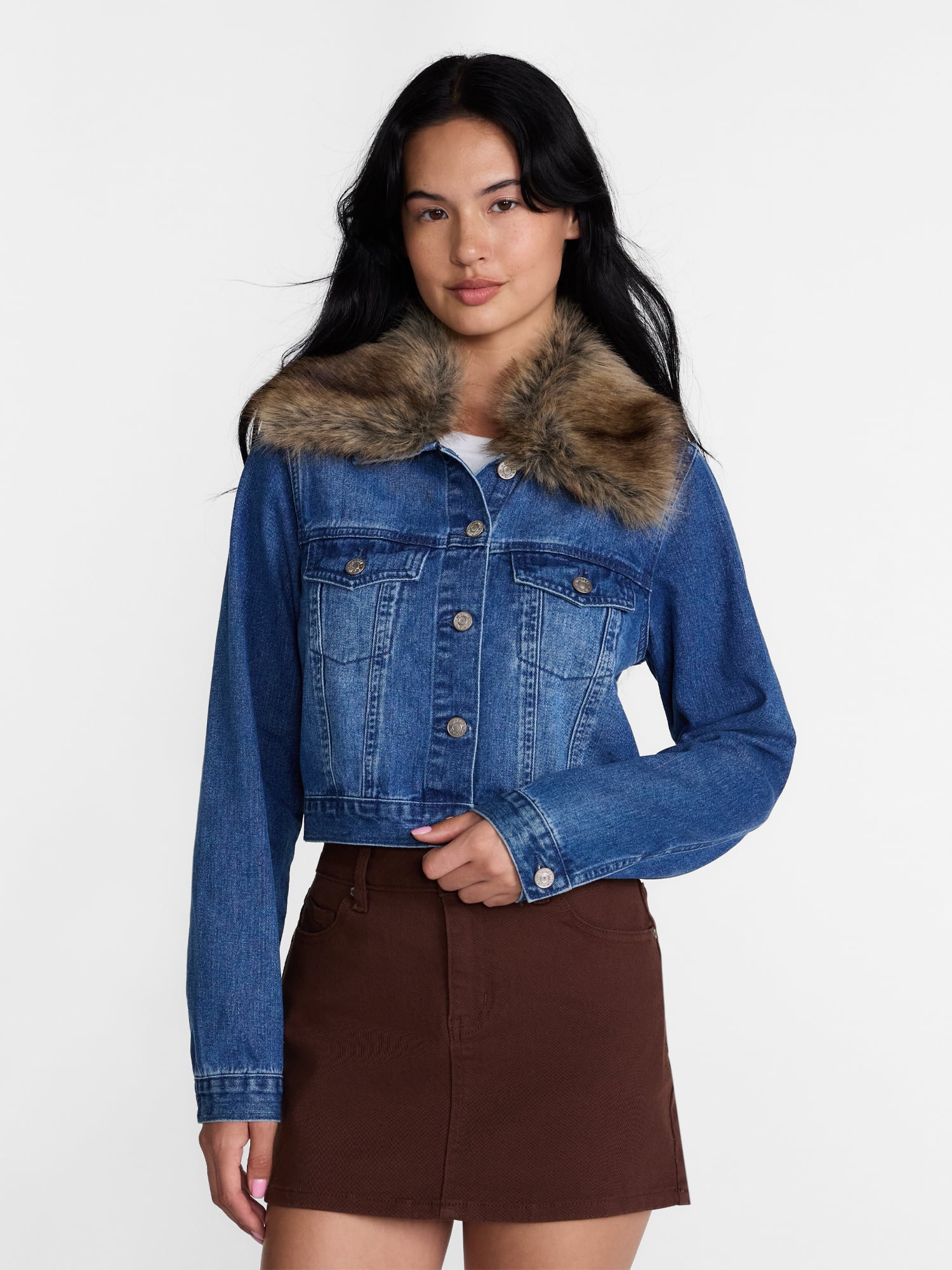Madden NYC Women's Cropped Denim Jacket with Faux Fur Collar, Sizes XXS-XXL