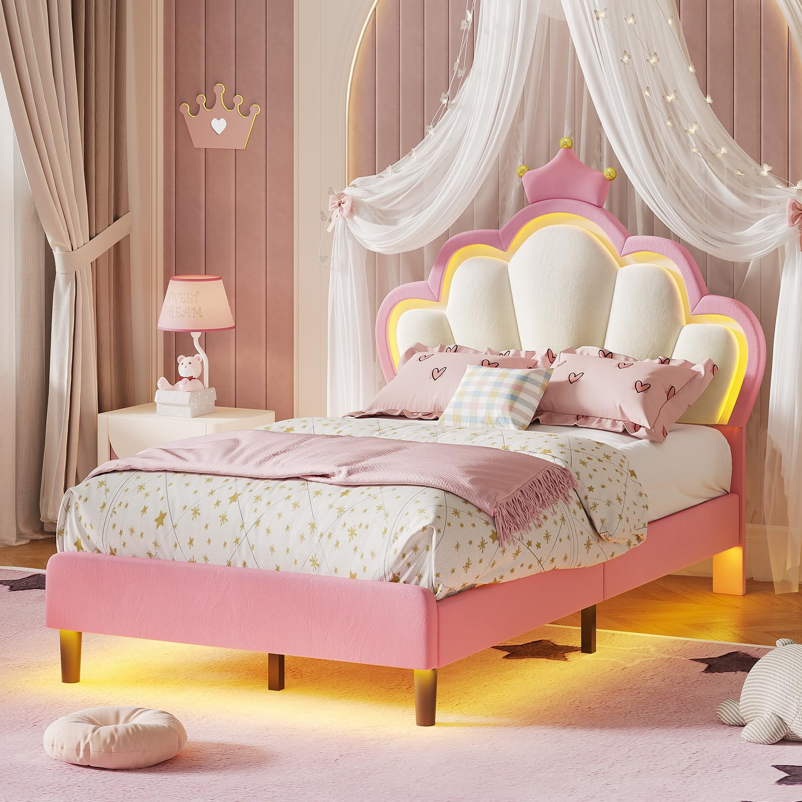 Afuhokles Twin Size Bed Frame with LED Lights and Princess Crown, LED Velvet Upholstered Platform Bed Frame with Adjustable Headboard, Pink