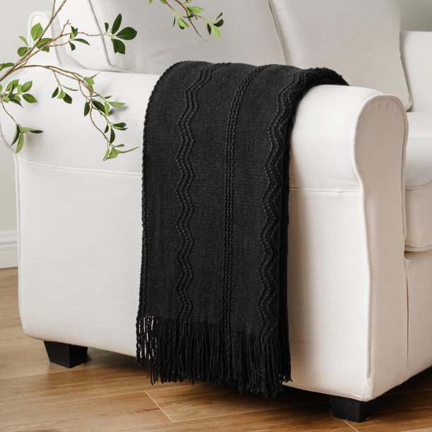 Battilo Black Throw Blanket with Fringe, Geometric Bed Throws for Home