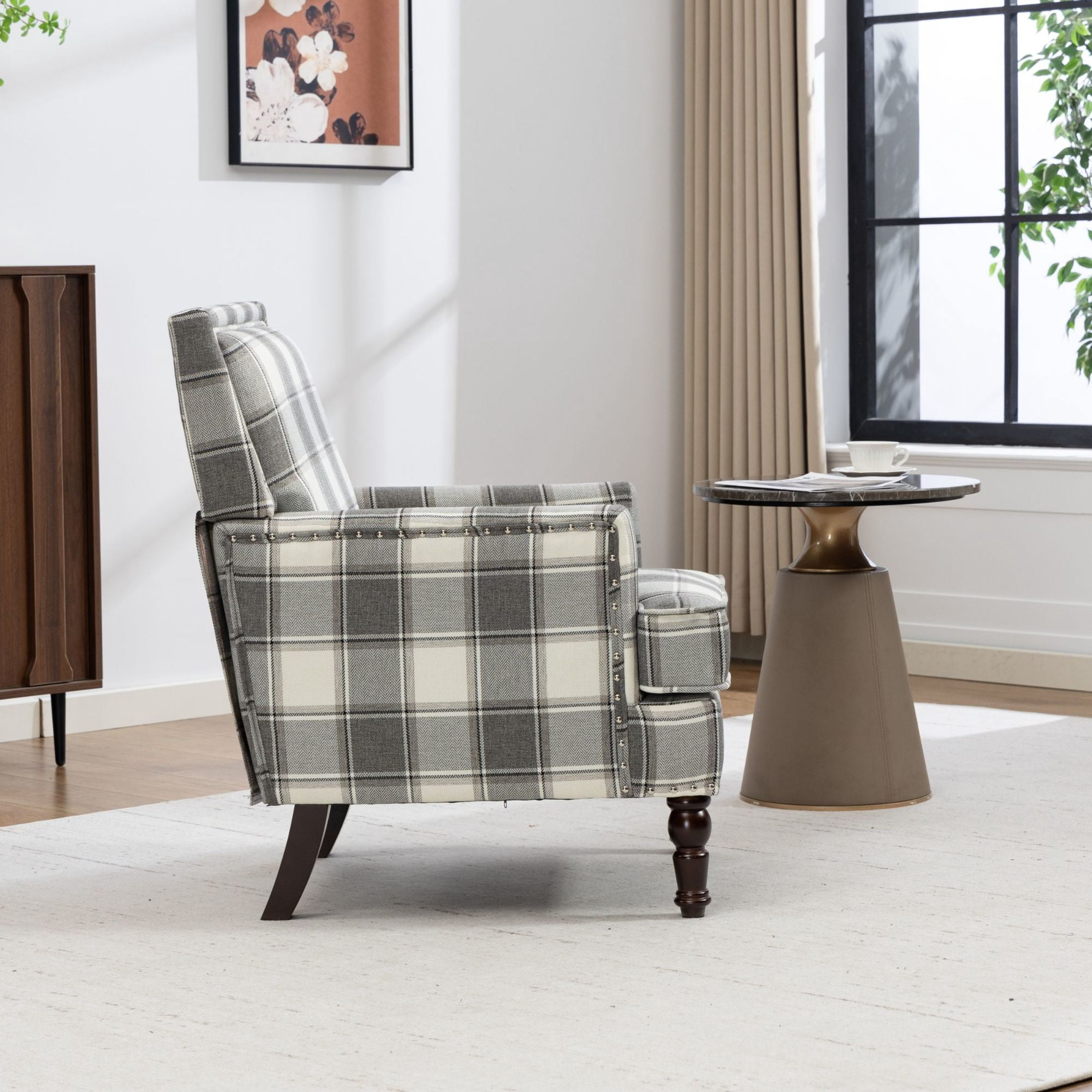 GDF Studio Zerra Vintage Upholstered Armchair with Solid Wood Legs & Nailhead Trim, Classic Stripes Accent Chair, Grey