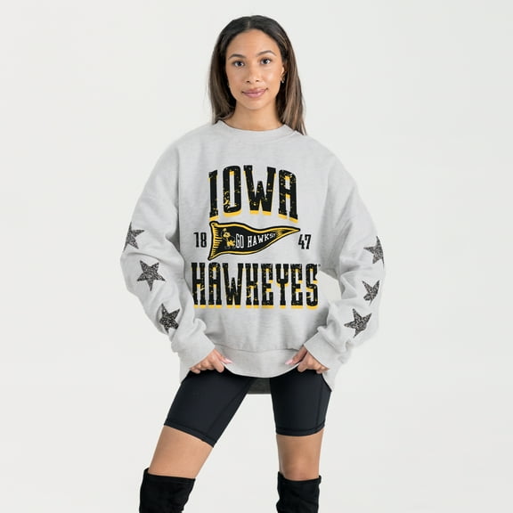 Women's Gameday Couture Ash Iowa Hawkeyes Oversized Pennant Pride Rhinestone Star Sleeve Sweatshirt