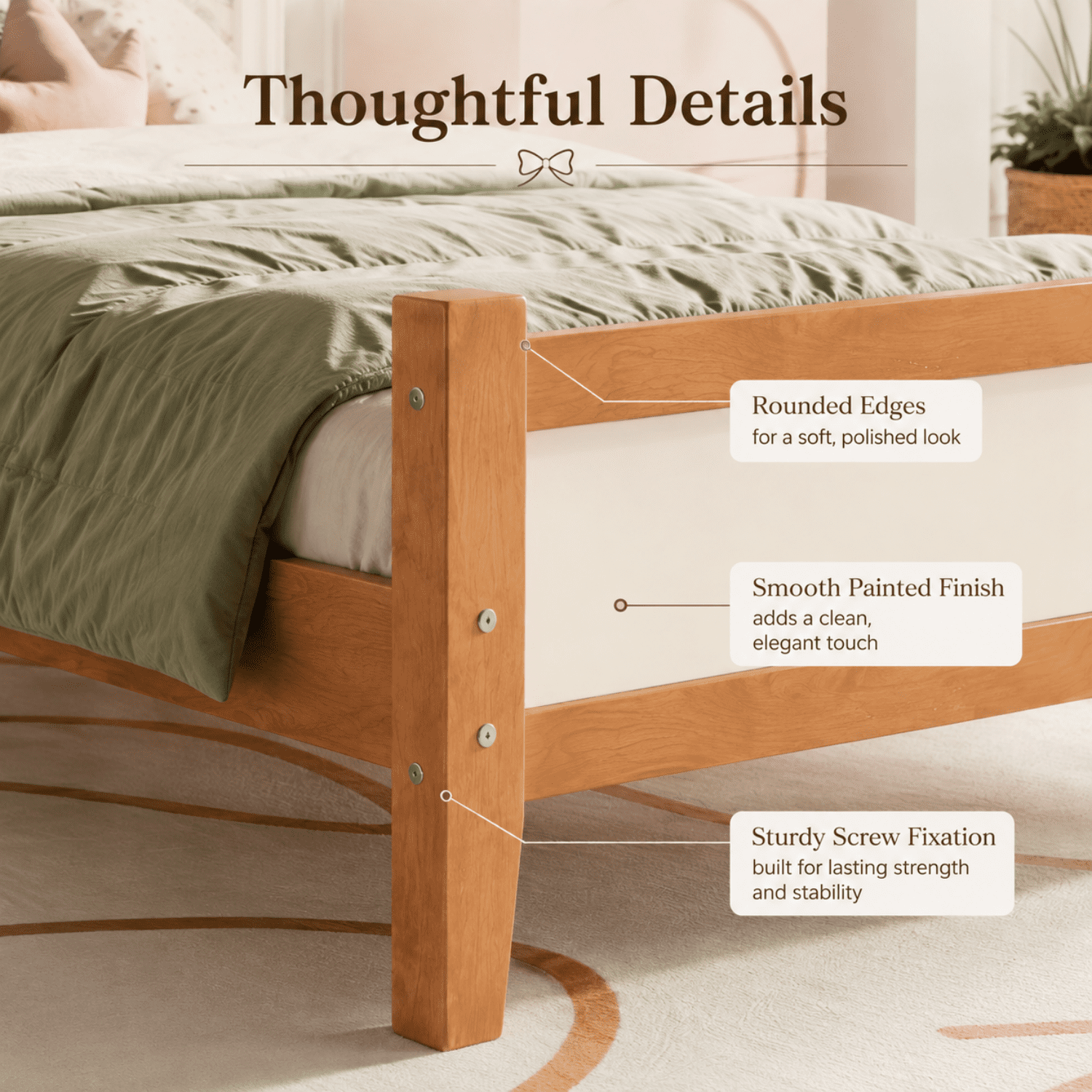 Miniyam Twin Size Kids Platform Bed with Bow-Shaped Headboard, Wood Bed Frame, Natural