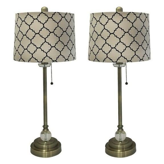 Royal Designs 28" Crystal and Antique Brass Lamp with Eggshell and Black Moroccan Print Shallow Drum Hardback Lamp Shade, Set of 2