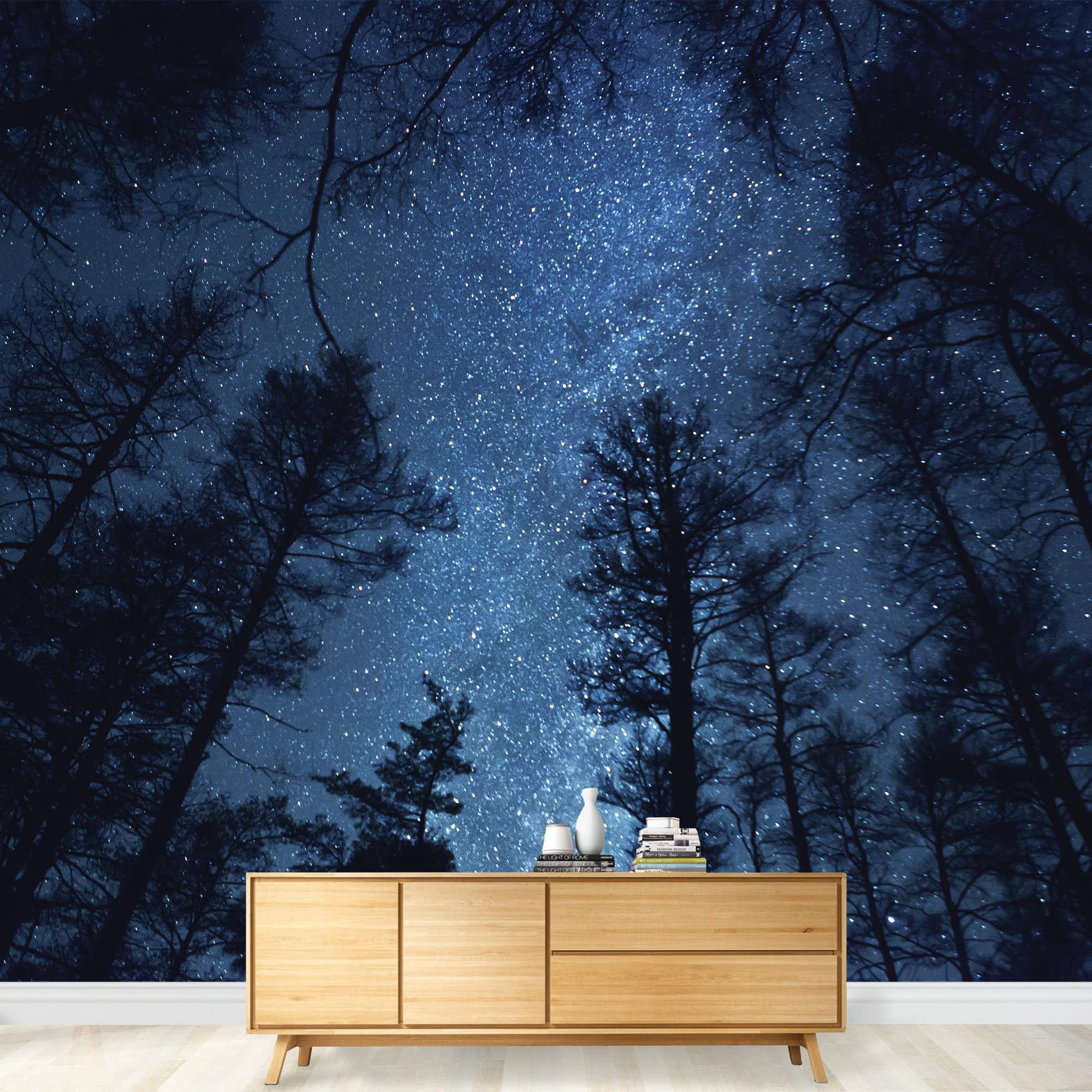 Wall26 - A Gazing View Up Into The Night Starry Sky Surrounded by Trees - Wall Mural, Removable Sticker, Home Decor - 66x96 inches