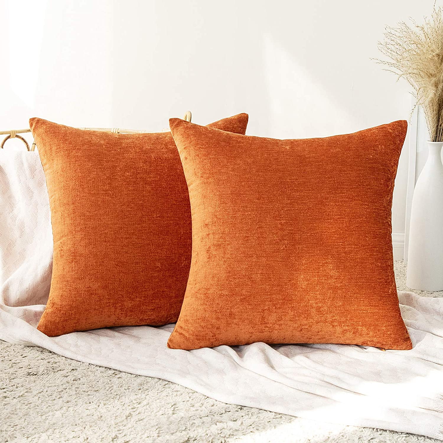 SUNSHINE FASHION Decorative Linen Chenille Throw Pillow Covers Cushion Case Farmhouse Pillowcase for Couch Sofa Bed … Orange, 12''x20'' 