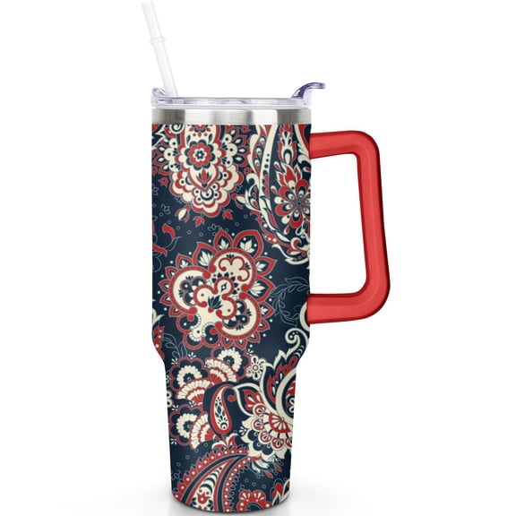 Hot Cold Preservation Leak Proof 40oz Paisley Tumbler, Vacuum Insulated Stainless Steel Travel Mug with Flip Straw Lid and Handle