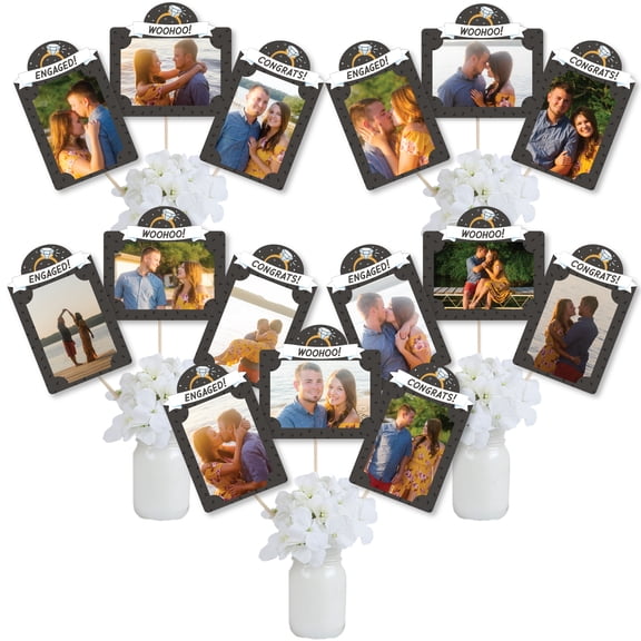 Big Dot of Happiness Just Engaged - Black and White - Engagement Party Picture Centerpiece Sticks - Photo Table Toppers - 15 Pieces