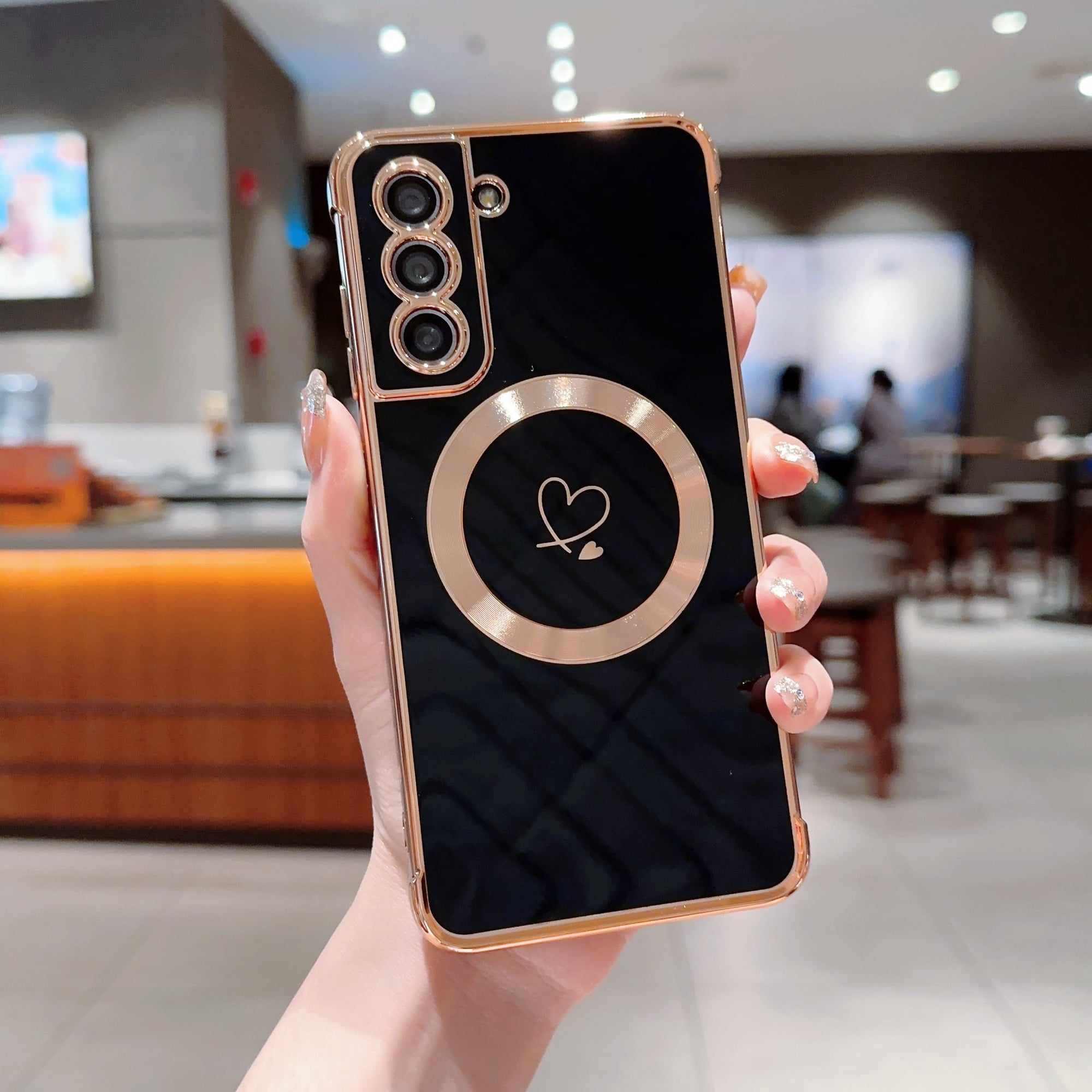 Plating Magnetic Case for Samsung Galaxy S21 FE, Compatible with MagSafe Wireless Charging Slim Lightweight Cover, Fashion Cute Love Hearts Pattern Lens Protection Case for Girls Women,Black