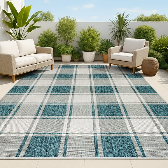 JONATHAN Y TUSCAN SUN 3 x 5 Area Rug, Sabine Traditional Farmhouse Bold Gingham - Turquoise/Cream, TSN203E-3