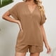 thumbnail image 2 of Conjuntos de 2 piezas para mujer, cuello en V, manga corta enrollada, Top, pantalones cortos con nudo, conjunto de trajes de Color puro de verano, 2 of 6
