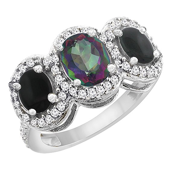 14K White Gold Natural Mystic Topaz & Black Onyx 3-Stone Ring Oval Diamond Accent, size 9.5