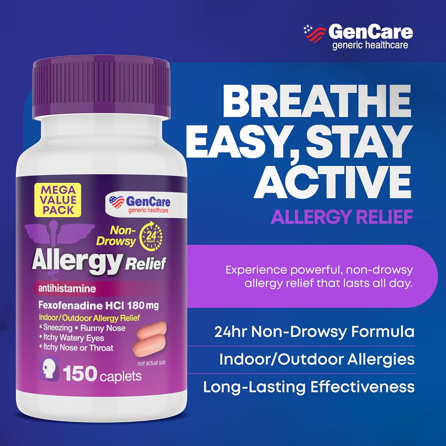 GenCare Allergy Relief Fexofenadine HCl 180 mg Non Drowsy Antihistamine, 150 Tablets