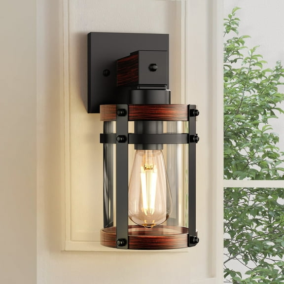 YANSUN Outdoor Wall Sconce , Exterior Light Fixtures Wall Mount Black and Wood Finish with Clear Glass for Entryway Porch Garage