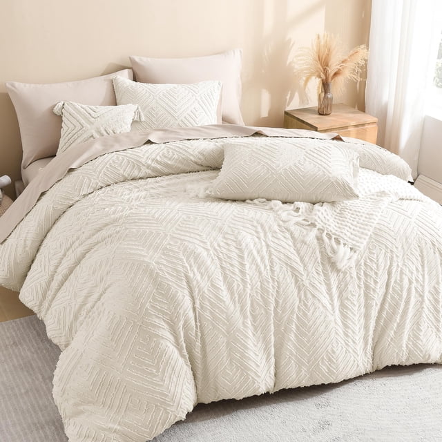 Juego de edredón Litanika Queen Beige de 3 piezas con fundas de almohada