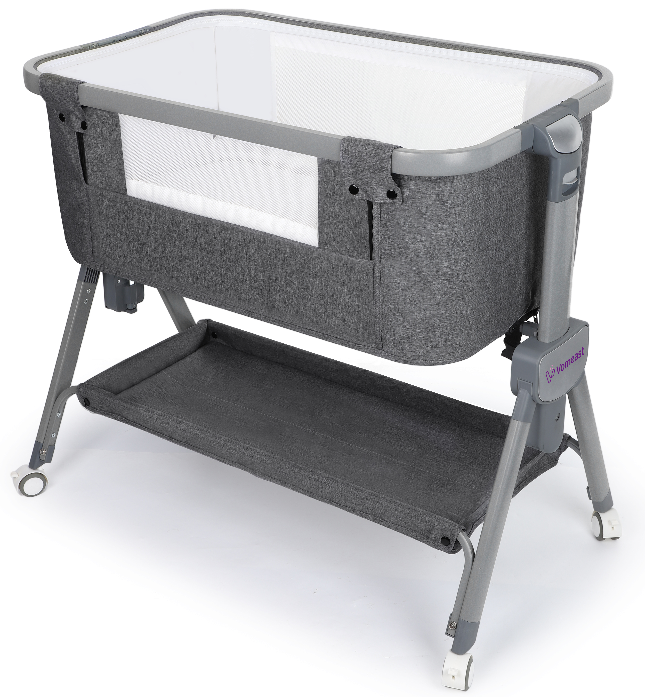 Vomeast Baby Bassinet Bedside Sleeper with Wheels, Adjustable Height, Dual-Lock, Storage Bag for Newborns Infants, Gray