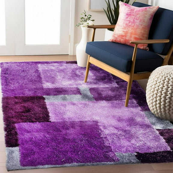 Indoor Geometric Area Rug, Modern Boxes Design, Non Slip Backed, Soft Pile Carpet (Purple, 8x10 ft)