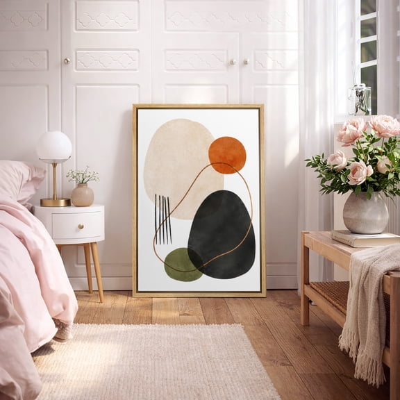 Framed Canvas Print Wall Art Organic Abstract Shapes with Lines and Circles Print Contemporary Artwork For Living Room Decor - 16"x24" NATURAL