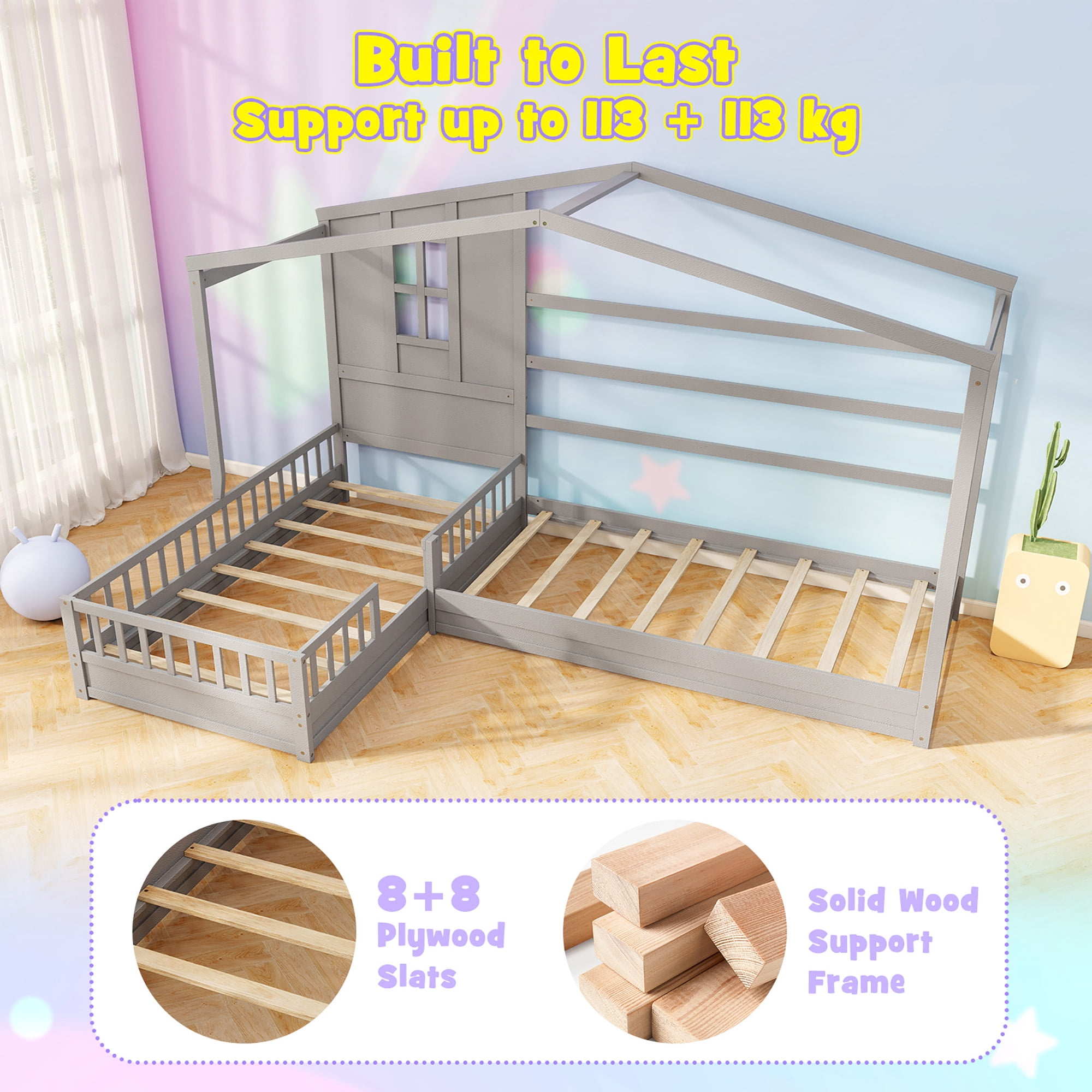 Gymax L-shaped Double Twin Beds House Platform Beds w/ Window & Fences ray Gray