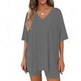 thumbnail image 4 of LIaqionyy 2 Piece Sets for Women Summer Lounge Short Sleeve Oversized V Neck Shirt Biker Shorts Outfits Set, 4 of 7