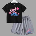 thumbnail image 3 of Conjunto de 2 piezas de camiseta y pantalones cortos de Disney Stitch para niños y niñas, de algodón, informal, cómodo y a la moda, para verano, 3 of 5