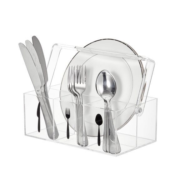 Clear Acrylic Utensil Organizer with Handle, 4 Compartments Cutlery Holder for Forks, Spoons, Knives, Cups & Napkins, Portable Kitchen & Party Caddy, 9.45 x 3.54 x 5.31 inch