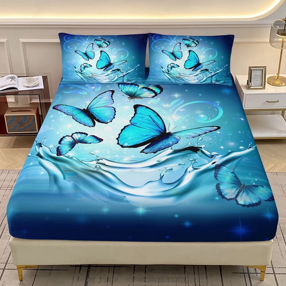 Blue Butterfly Bedding Sets for Girls,Butterflies on Water Flash Fitted Sheet Blue Series Aesthetic Room Decor Full,1 Fitted Sheet 2 Pillowcases.