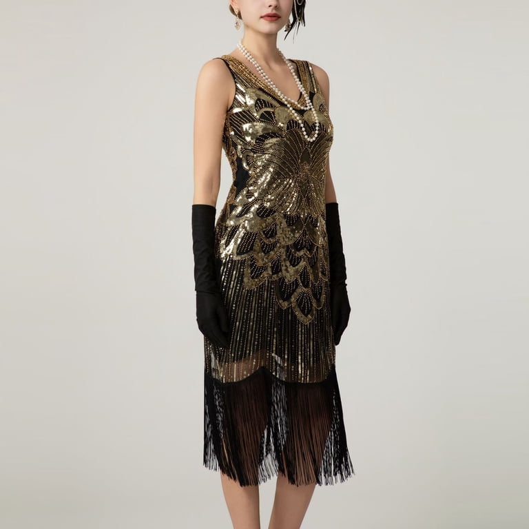 vintage beaded fringe dress BABEYOND Blue Classic Art Deco Roaring 20s Flapper Dresses, Beaded Sleeveless Tassel 1920s Dresses, Size 8