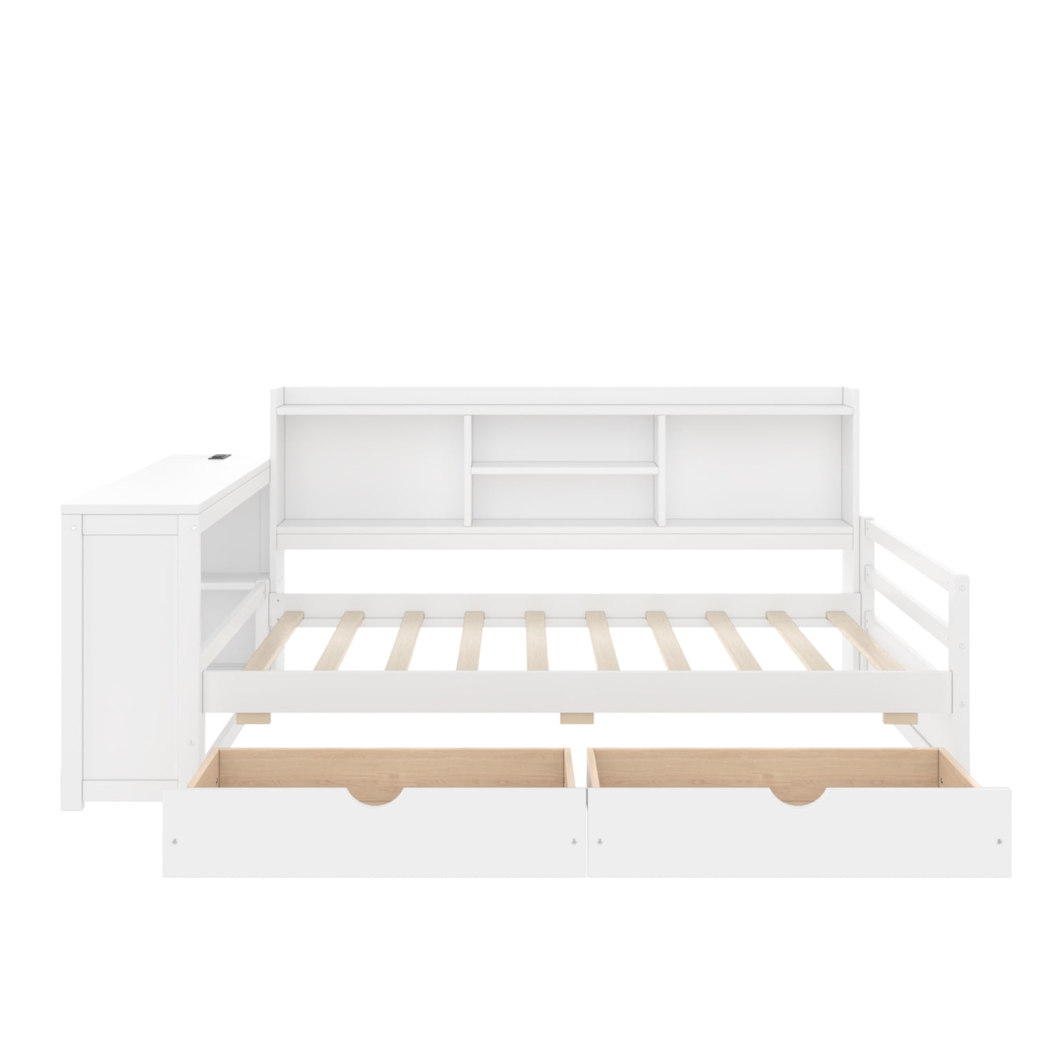 Leumius Twin Size Corner Bed with Desk and Storage Bookcase,Modern Daybed with 2 Drawers,Twin Size Wood Bed Frame with Charging Station,White