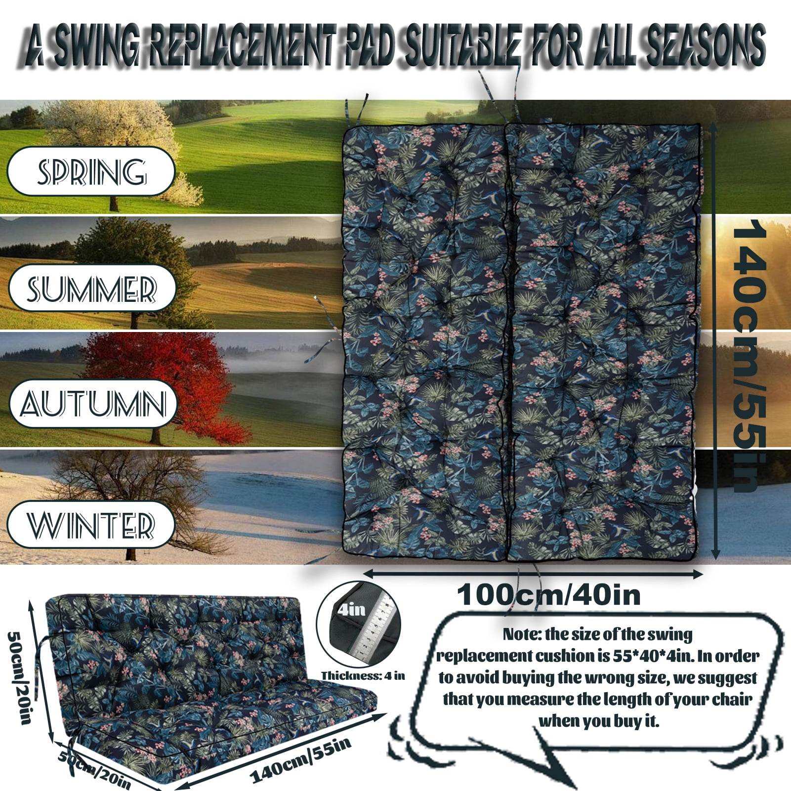 Replacement Cushions for Outdoor Swing, Swing Replacement Cushions Thicken 4" with Backrest, Waterproof Bench Cushions for Patio Furniture Porch Swing Cushions (Hummingbird Flowers)