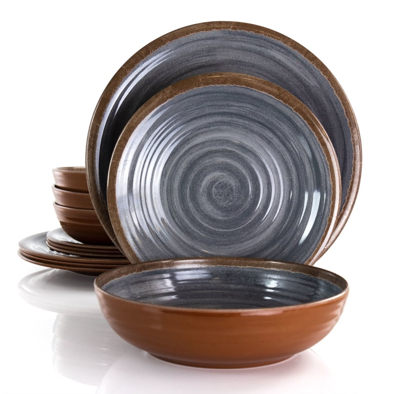 Elama Stone Oak 12-Piece Melamine Dinnerware Set, Black photo 2