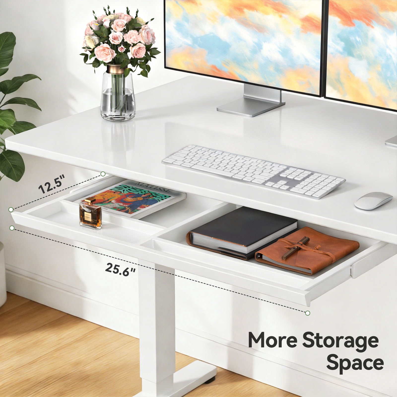 Kyspho Glass Top 48" x 24" Electric Standing Desk with Drawer, Height Adjustable Sit Stand Desk for Home Office, White