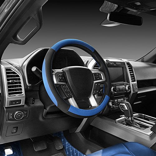 Xizopucy Black and Blue Microfiber Leather Steering Wheel Cover，Universal 15 inch Steering Wheel Covers for Car Truck SUV，Breathable Anti Slip & Odor Free Black+Blue … 
