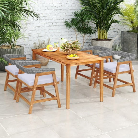 Gymax 5PCS Patio Dining Set Solid Wood Furniture w/ Rattan Backrest & Seat Cushions