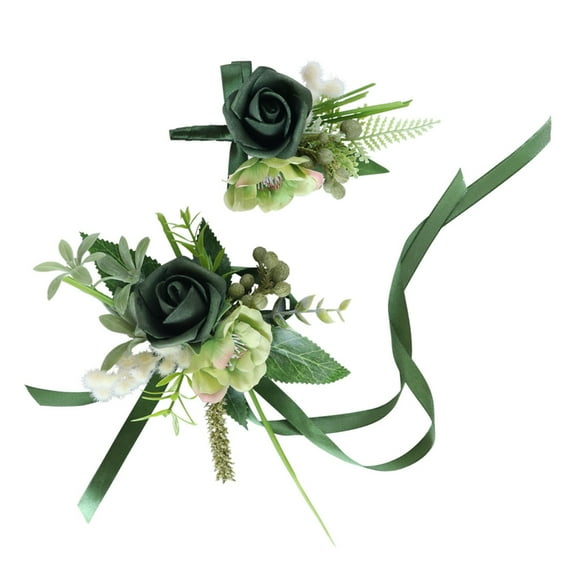 2PCS Elegant Wedding Corsage Boutonniere Set Artificial Roses Wrist Corsage Set for Bridal Party and Special Occasion