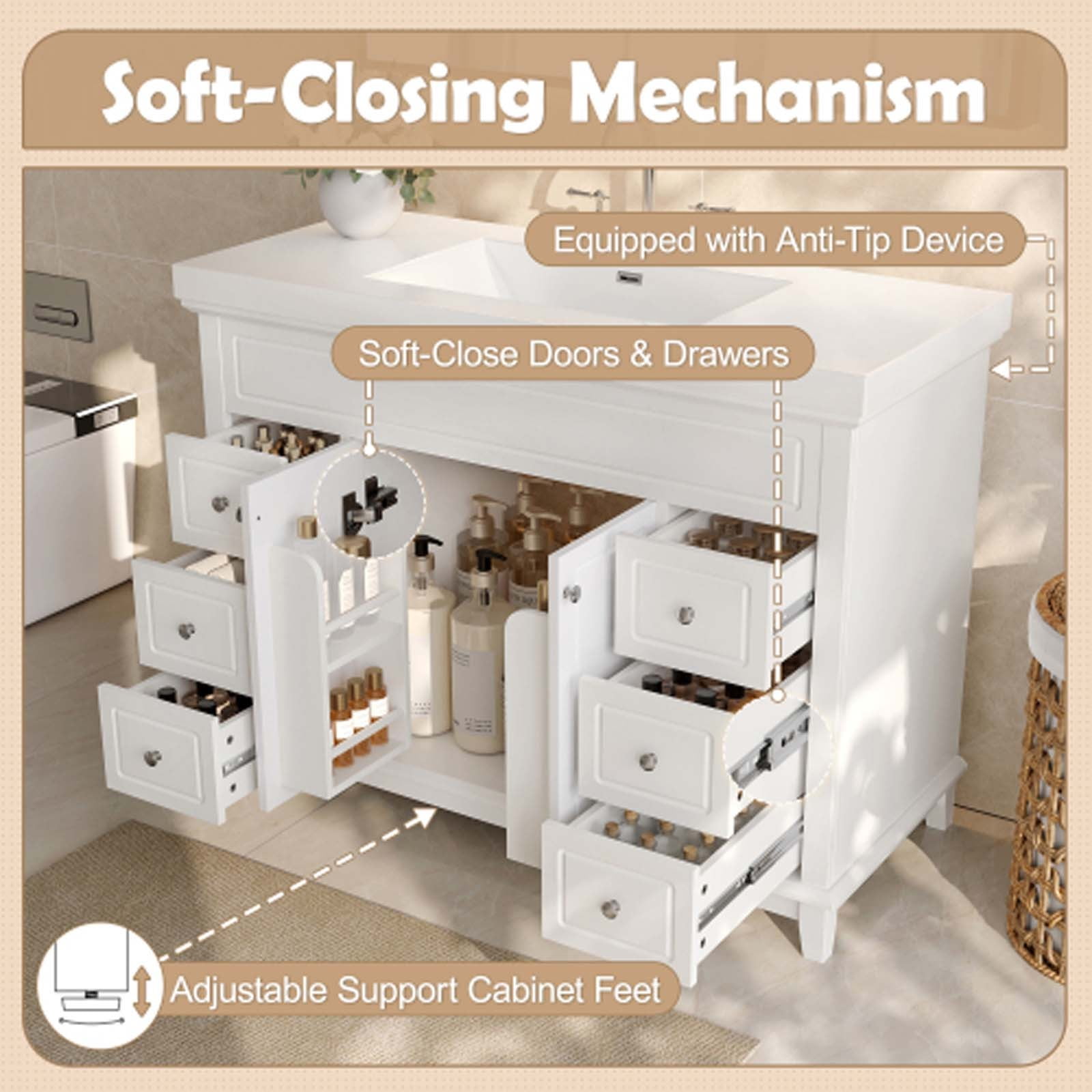 Bathroom Vanities - White Bathroom Vanity Cabinet, Vanity Cabinet with 6 Soft-Close Drawers & 2-Tier Shelves, MDF Pine Wood Base for Powder Room/Laundry
