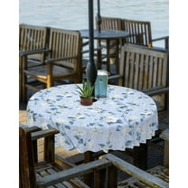 Blue Floral Outdoor Tablecloth - 60 Inch Round Dining Table Cover, Elegant Spring Flowers Summer Botanical Waterproof Outdoor Table Cloth with Umbrella Hole & Zipper for Picnic/Patio/Party