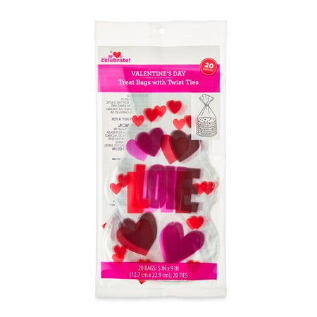 Valentine's Red Love Shaped Cello Party Treat Bags with Twist Ties, 5"x9", 20 Ct, Way To Celebrate