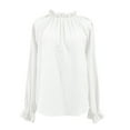 thumbnail image 6 of Womens Frill Mock Neck Dressy Shirt Ruffle Cuff Long Sleeve Blouses Textured Work Business Solid Shirt Trendy Summer White M, 6 of 6