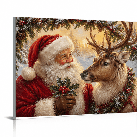 SYVVY Santa and Festive Reindeer Portrait Holly Christmas Decor 12 x 16 Framed Painting Art Prints