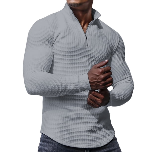 Blusa y camisa de manga larga con cuello alto para hombre, moda de color liso, media cremallera, blusa de manga larga con cuello alto, blusa de poliéster para hombre