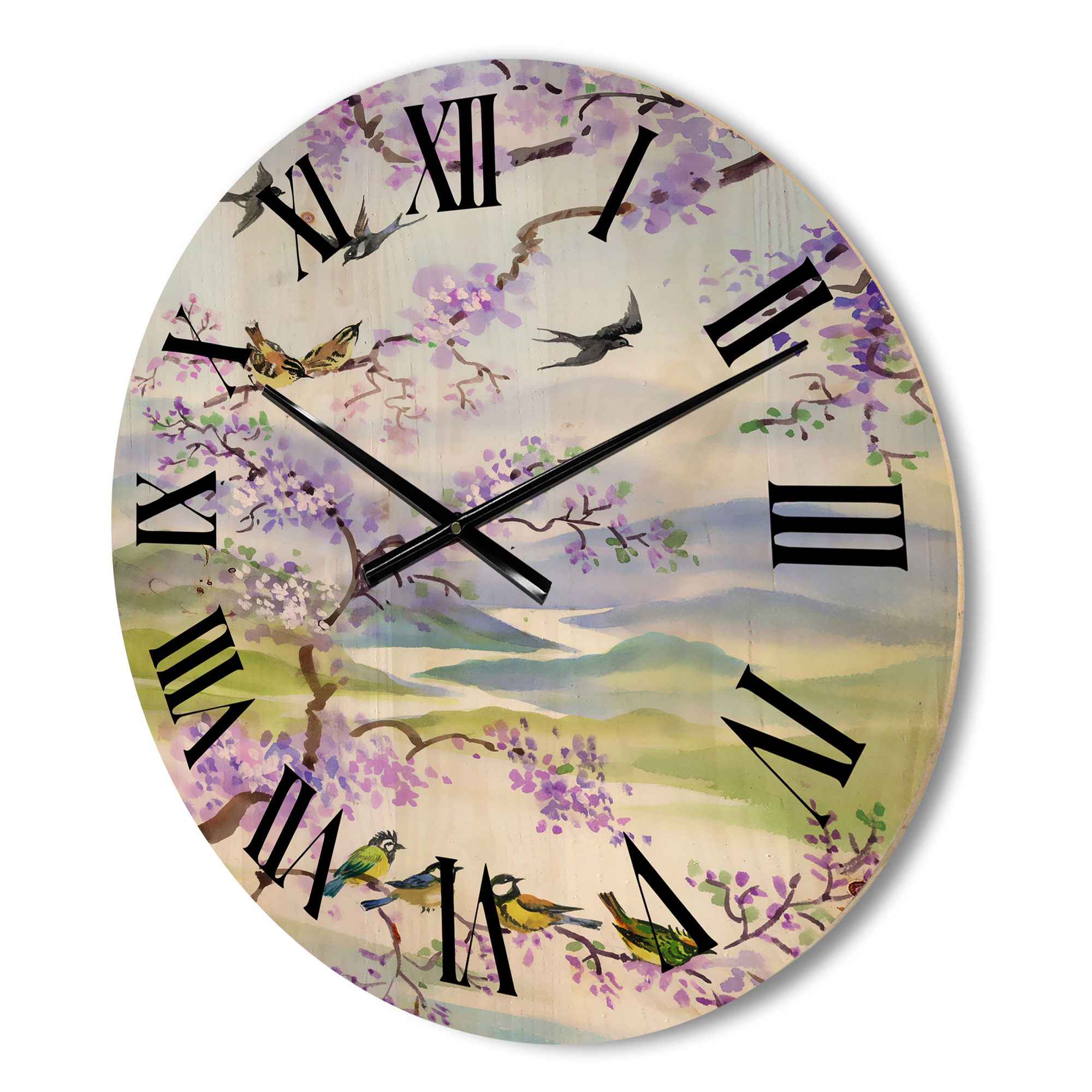 Designart 'Birds Sitting On Cherry Branch' Traditional Wood Wall Clock