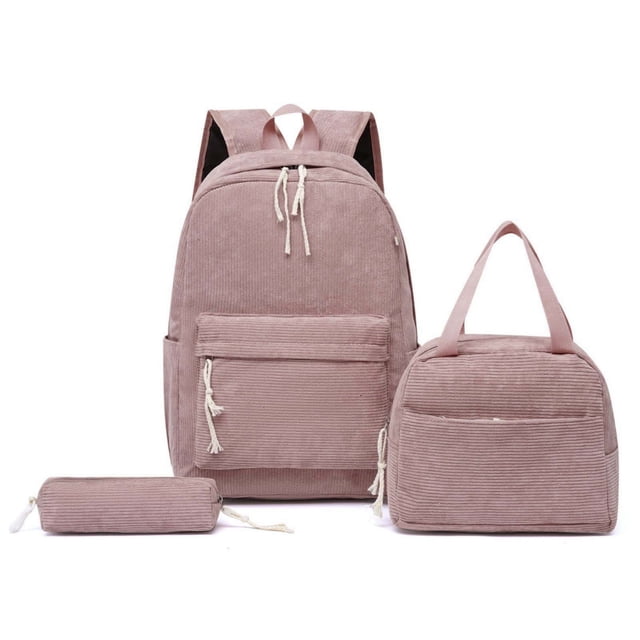 GPOECD Stylish and Functional Corduroy 3 Piece School Backpack Set for Students Including Shoulder Tote Bag School Backpack Pink,One Size