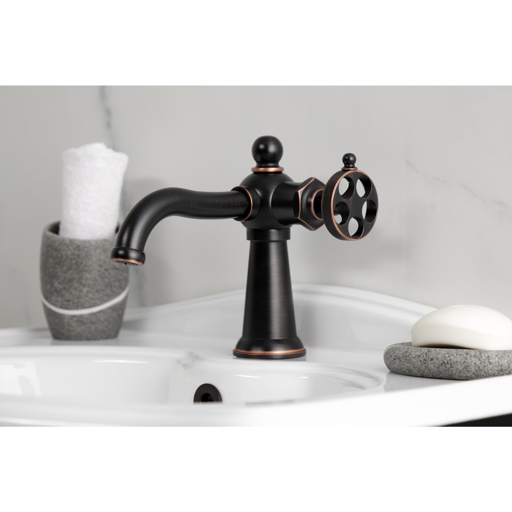 Kingston Brass KS354RKZNB Wendell One-Handle Single-Hole Bathroom Faucet with Knurled Handle and Push Pop-Up Drain, Naples Bronze