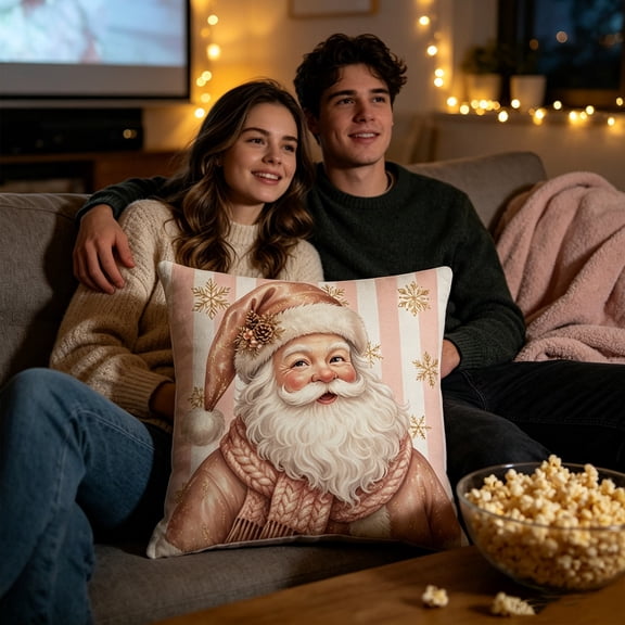 Vintage Pink Christmas Throw Pillow Cover, Decorative Holiday Cushion Case for Sofa Home Decor.