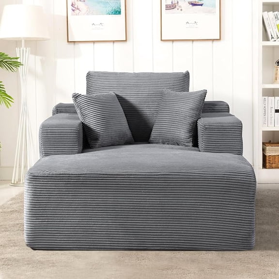 US Pride Chaise Lounge Chair Indoor – Oversized Corduroy Couch with Wide Armrest & Throw Pillows