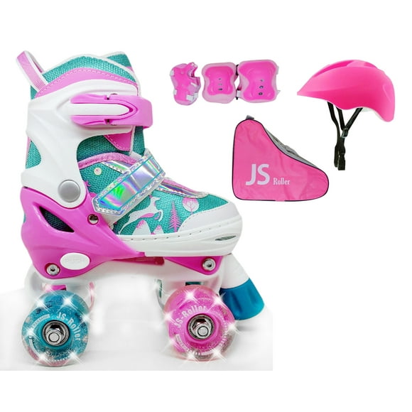 Patines en paralelo ajustables JS Roller para niñas con casco rosa talla M 21 a 23.5cm