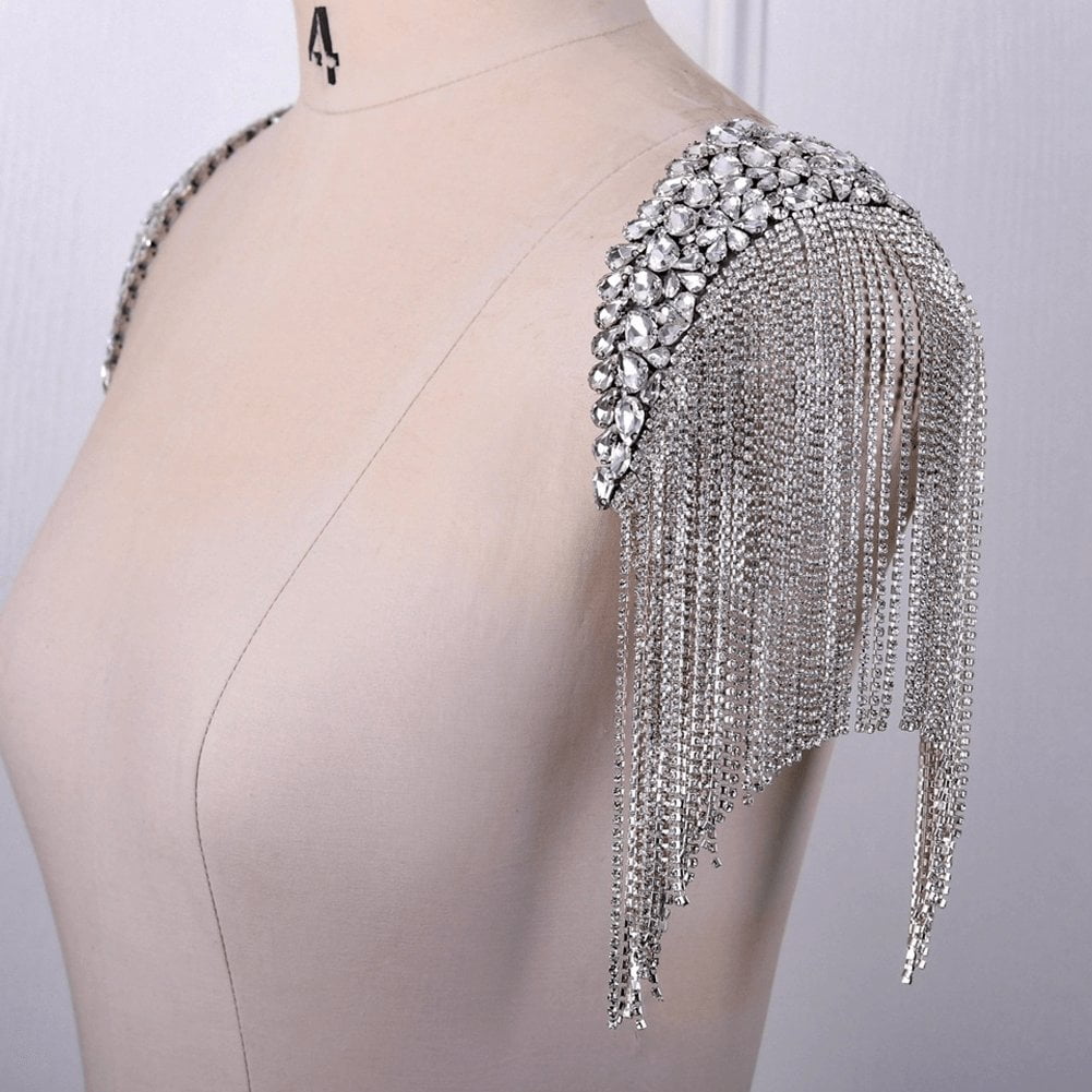 Jiibva 2 Pcs Rhinestone Tassel Shoulder Epaulet Crystal Fringe Chain Shoulder Badge Brooch Pins Appliques Patches for Men Women