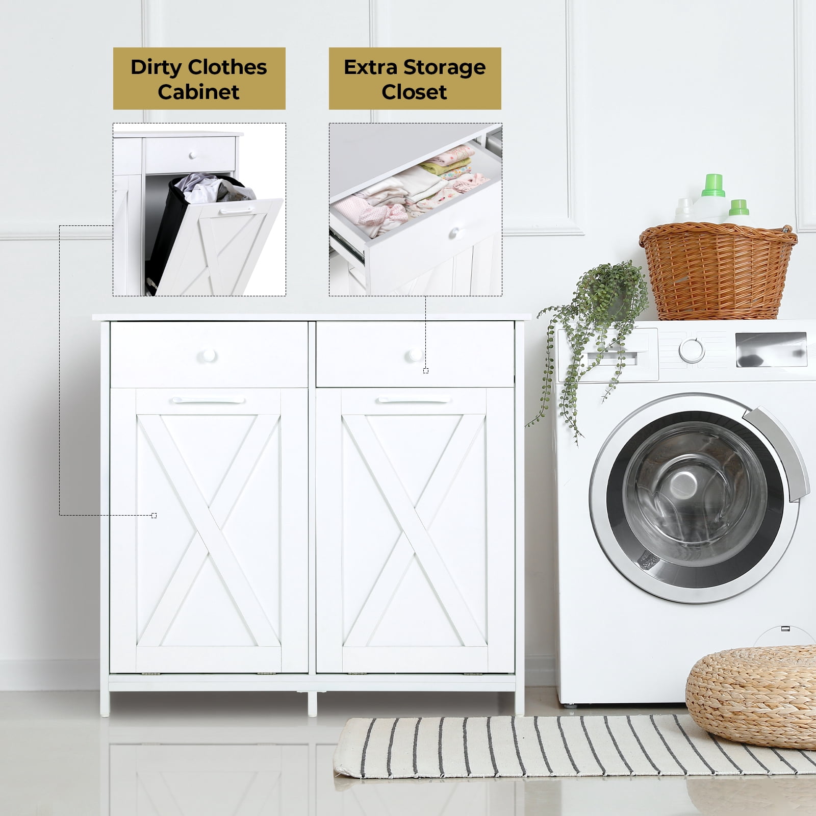 LAZY BUDDY Double Tilt-out Trash Cabinet Free Standing Kitchen Garbage Bin Recycling Cabinet Wooden Hideaway Trash Cans Holder (2x 10 Gallon)- White