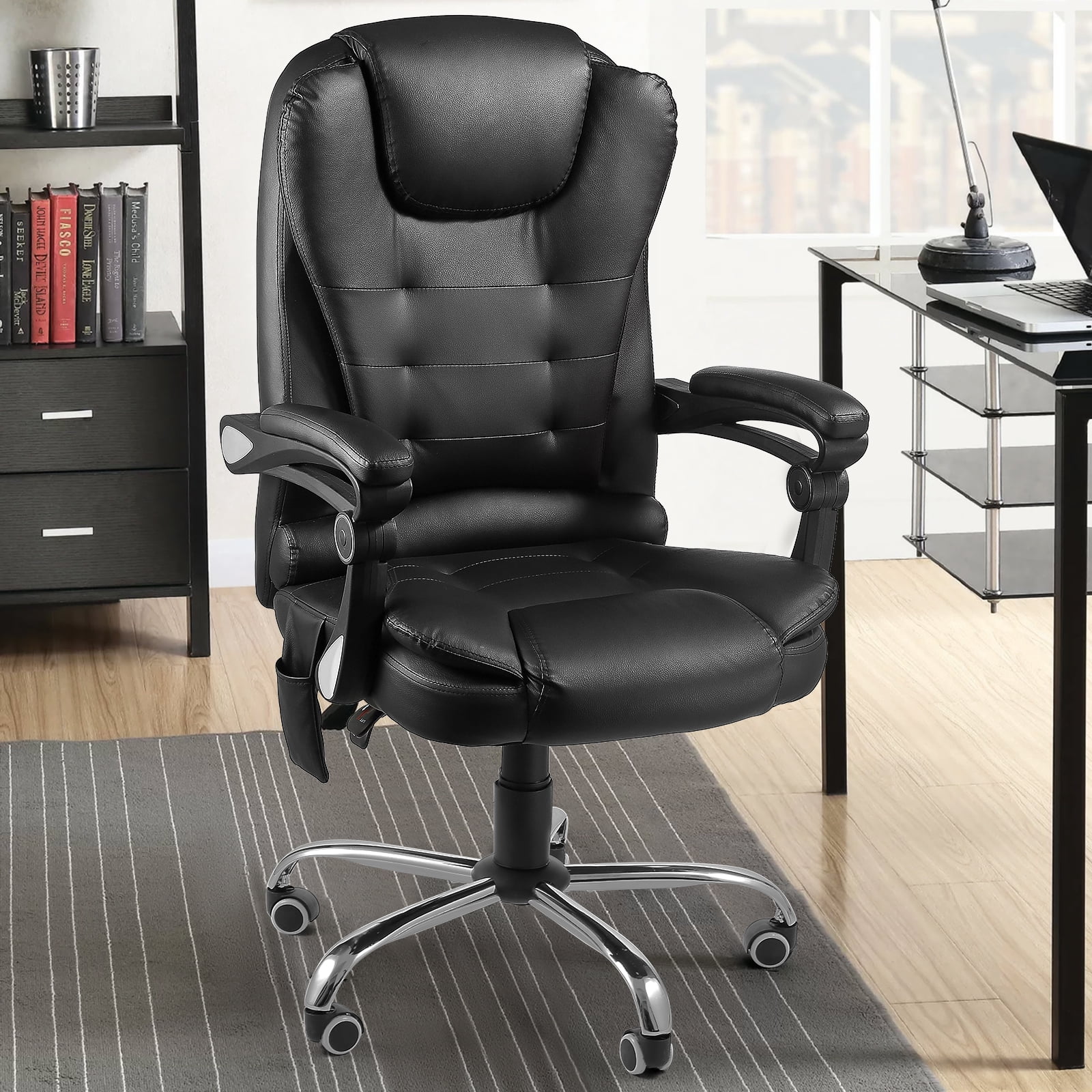 YODOLLA Ergonomic Reclining Office Chair Adjustable Height Computer Chair Big and Tall Executive Faux Leather Swivel Fabric Chair for Office, Home,Black